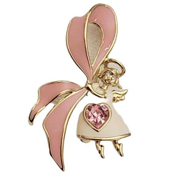Bob Mackie Pink Ribbon Heart Rhinestone Breast Cancer Awareness Angel Brooch L35